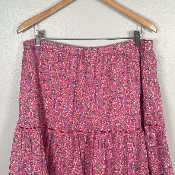 J. Crew pink floral block print tiered full lined cotton midi skirt size large - Picture 5 of 8